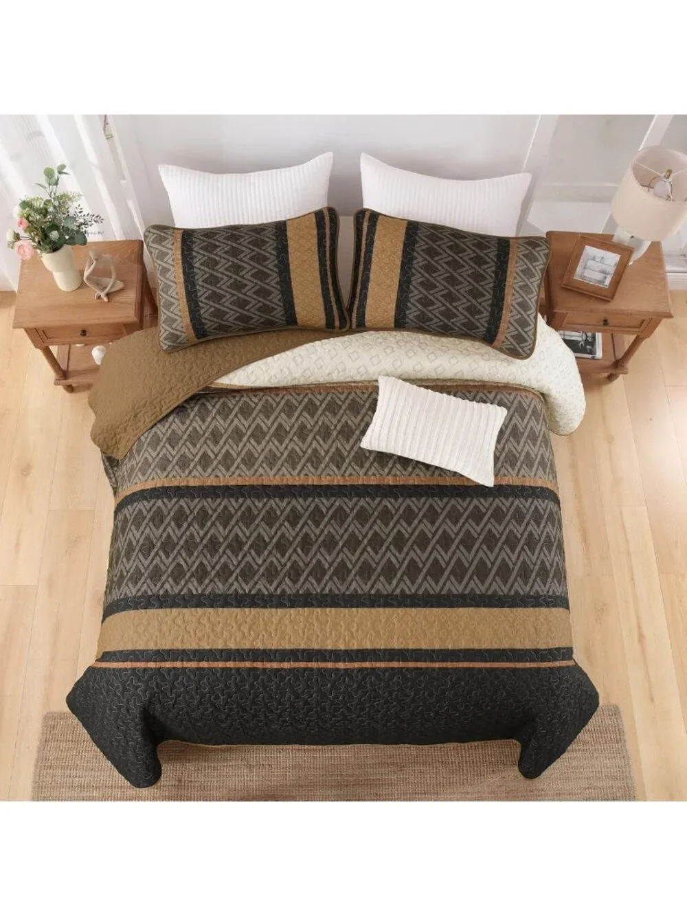 Boho King Size Quilt Set - Soft 3-Piece Striped Bedding, Lightweight Fall
